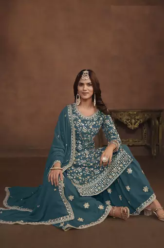 TEAL EMBROIDERED GEORGETTE PALAZO SALWAR KAMEEZ