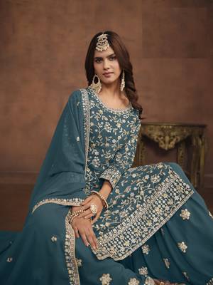 TEAL EMBROIDERED GEORGETTE PALAZO SALWAR KAMEEZ 3
