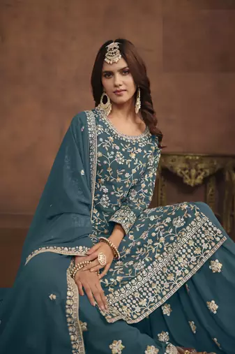 TEAL EMBROIDERED GEORGETTE PALAZO SALWAR KAMEEZ