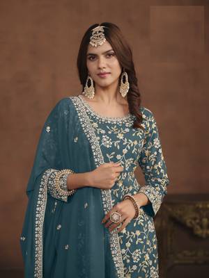 TEAL EMBROIDERED GEORGETTE PALAZO SALWAR KAMEEZ 4