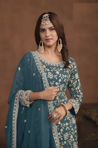 TEAL EMBROIDERED GEORGETTE PALAZO SALWAR KAMEEZ