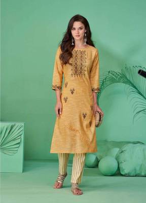 Beige pure cotton mirror work full stitch kurts pants 1
