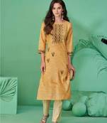 Beige pure cotton mirror work full stitch kurts pants