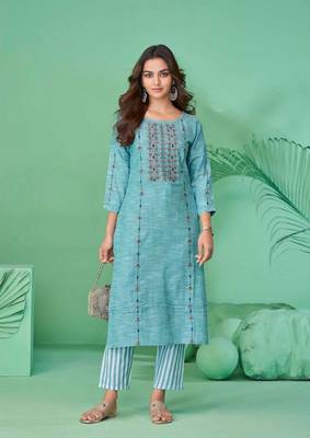 Light blue pure cotton mirror work full stitch kurts pants 1