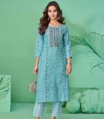 Light blue pure cotton mirror work full stitch kurts pants