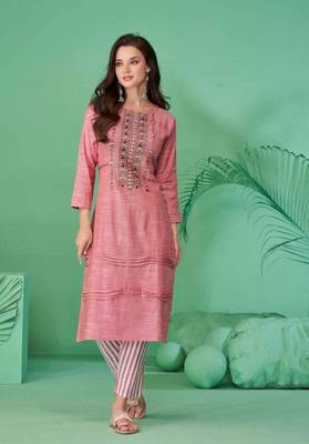Pink pure cotton mirror work full stitch kurts pants 1