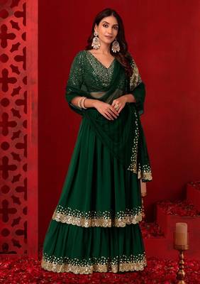 Designer Green Sequins Embroidery Work Lehenga Choli With Dupatta  1