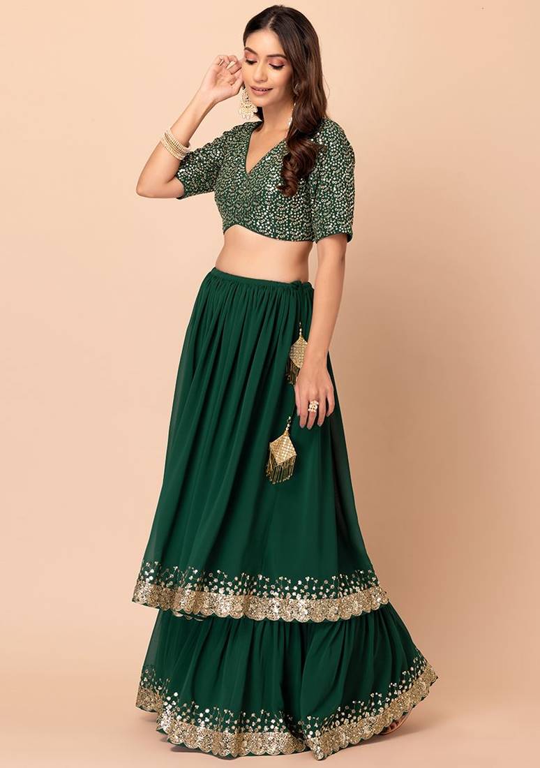 Designer Green Sequins Embroidery Work Lehenga Choli With Dupatta 