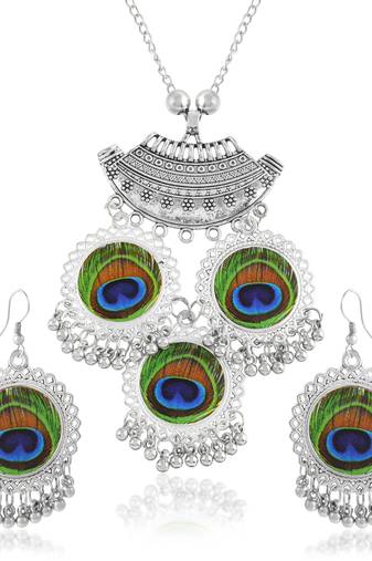 Brass silver peacock theme pendant necklace set