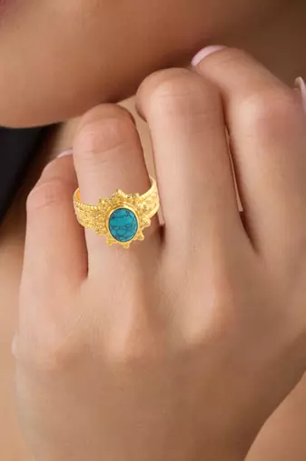 Brass gold plated turquoise firoza finger ring
