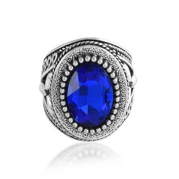 Antique silverplated faux blue sapphire neelam fashion finger ring 2