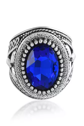 Antique silverplated faux blue sapphire neelam fashion finger ring