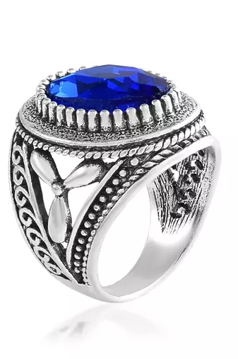 Antique silverplated faux blue sapphire neelam fashion finger ring