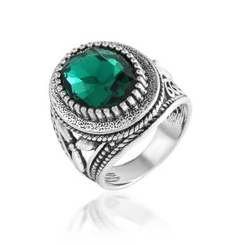 Antique silverplated faux emerald panna fashion finger ring 1