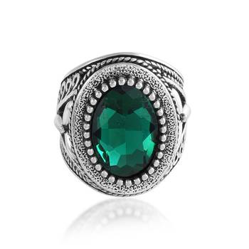 Antique silverplated faux emerald panna fashion finger ring 2