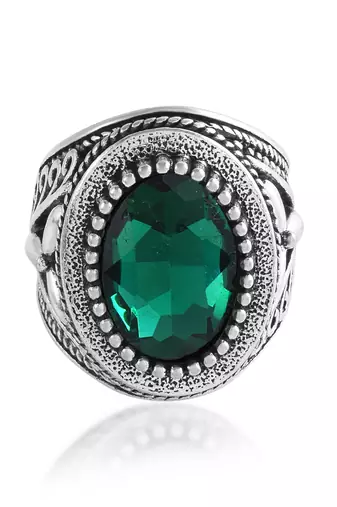Antique silverplated faux emerald panna fashion finger ring