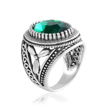 Antique silverplated faux emerald panna fashion finger ring 3