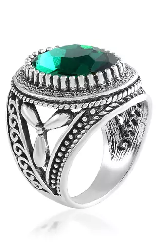 Antique silverplated faux emerald panna fashion finger ring