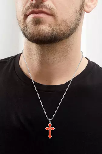 dzine trendz stainless steel red crucifix pendant silver plated