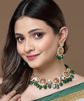 Green & pink drop earring with kundan & pearls 1