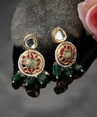 Green & pink drop earring with kundan & pearls 2