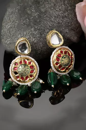 Green & pink drop earring with kundan & pearls