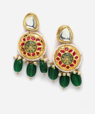 Green & pink drop earring with kundan & pearls 3