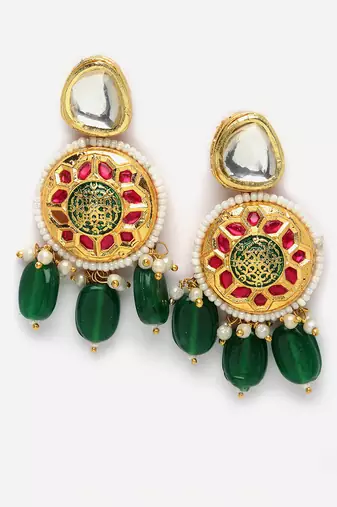 Green & pink drop earring with kundan & pearls
