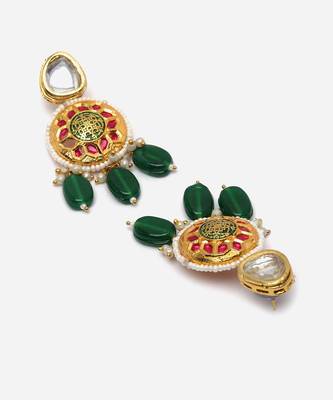 Green & pink drop earring with kundan & pearls 4