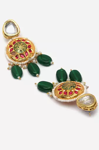 Green & pink drop earring with kundan & pearls