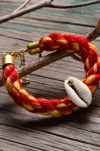 Red & yellow adjustable bracelet with pearls & natural stones