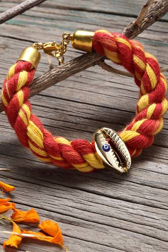 Red & yellow adjustable bracelet with pearls & natural stones