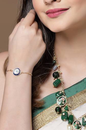 Blue & gold adjustable bracelet with pearls & natural stones