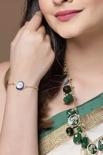 Blue & gold adjustable bracelet with pearls & natural stones