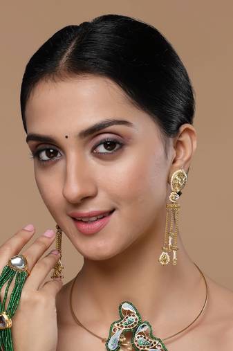Gold & white drop earring with kundan &  pearls