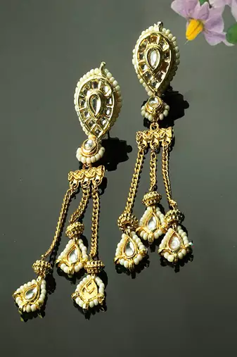 Gold & white drop earring with kundan &  pearls