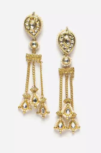 Gold & white drop earring with kundan &  pearls