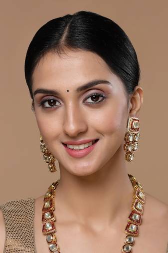 Red & gold drop earring with kundan &  pearls