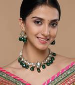 Green & gold drop earring with kundan &  pearls