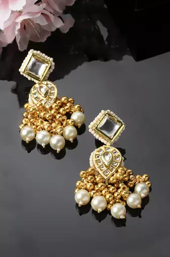 Gold & white drop earring with kundan &  pearls