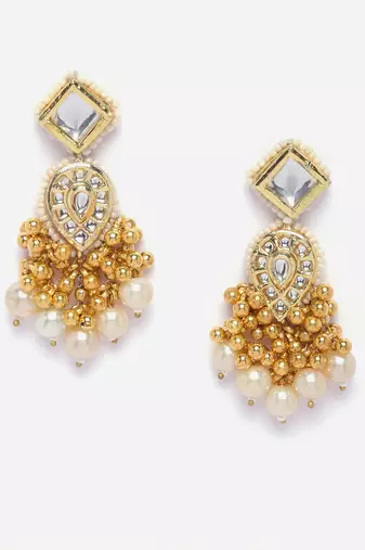 Gold & white drop earring with kundan &  pearls