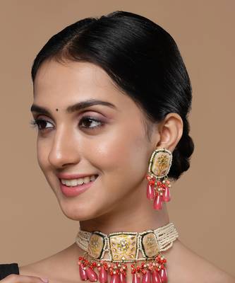 Peach & pink drop earring with kundan &  pearls 1