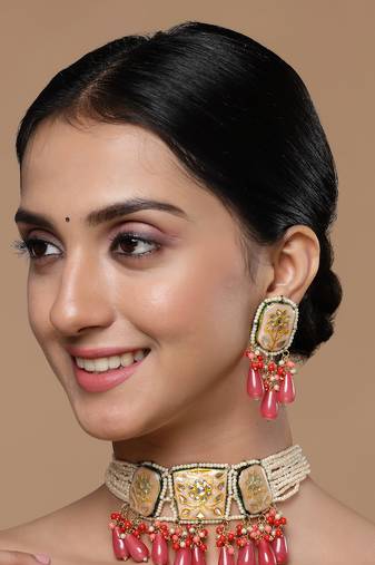 Peach & pink drop earring with kundan &  pearls
