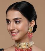 Peach & pink drop earring with kundan &  pearls
