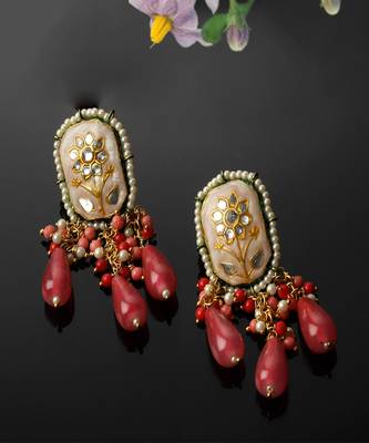 Peach & pink drop earring with kundan &  pearls 2