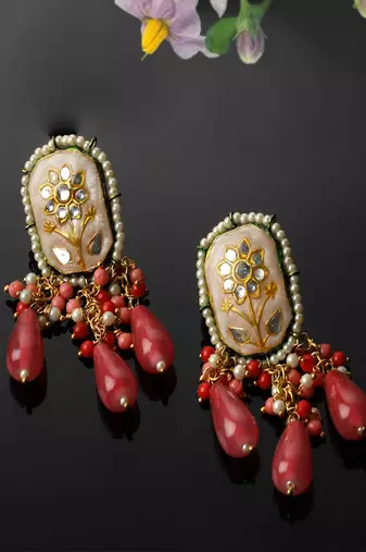 Peach & pink drop earring with kundan &  pearls