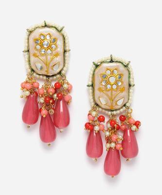 Peach & pink drop earring with kundan &  pearls 3