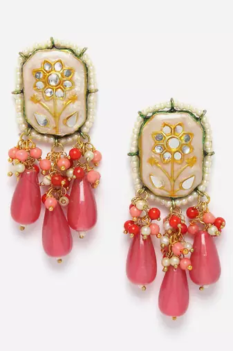 Peach & pink drop earring with kundan &  pearls