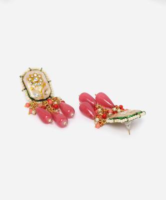 Peach & pink drop earring with kundan &  pearls 4