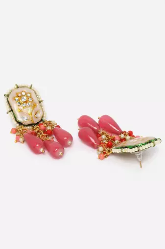 Peach & pink drop earring with kundan &  pearls